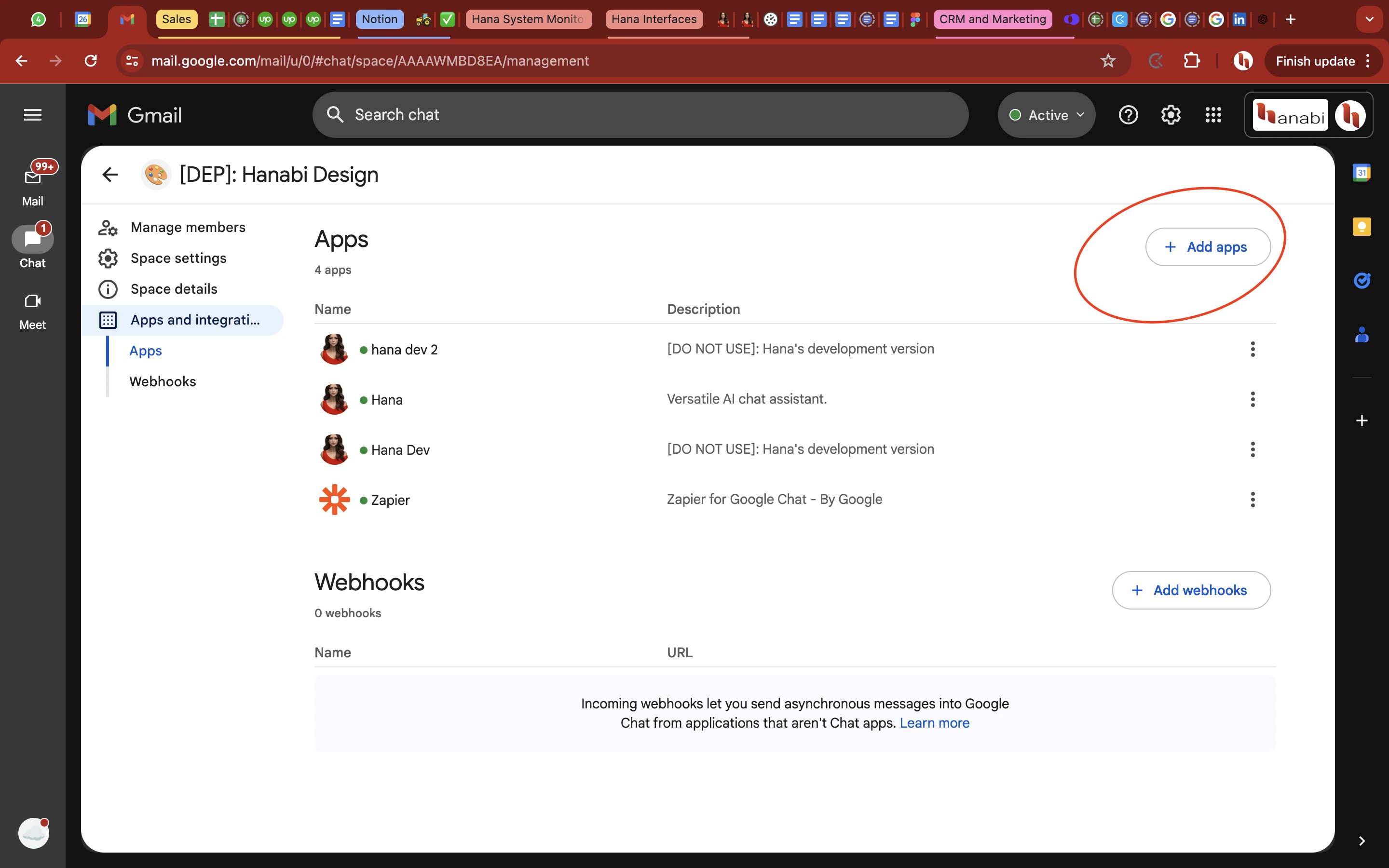 Google chat space add apps option