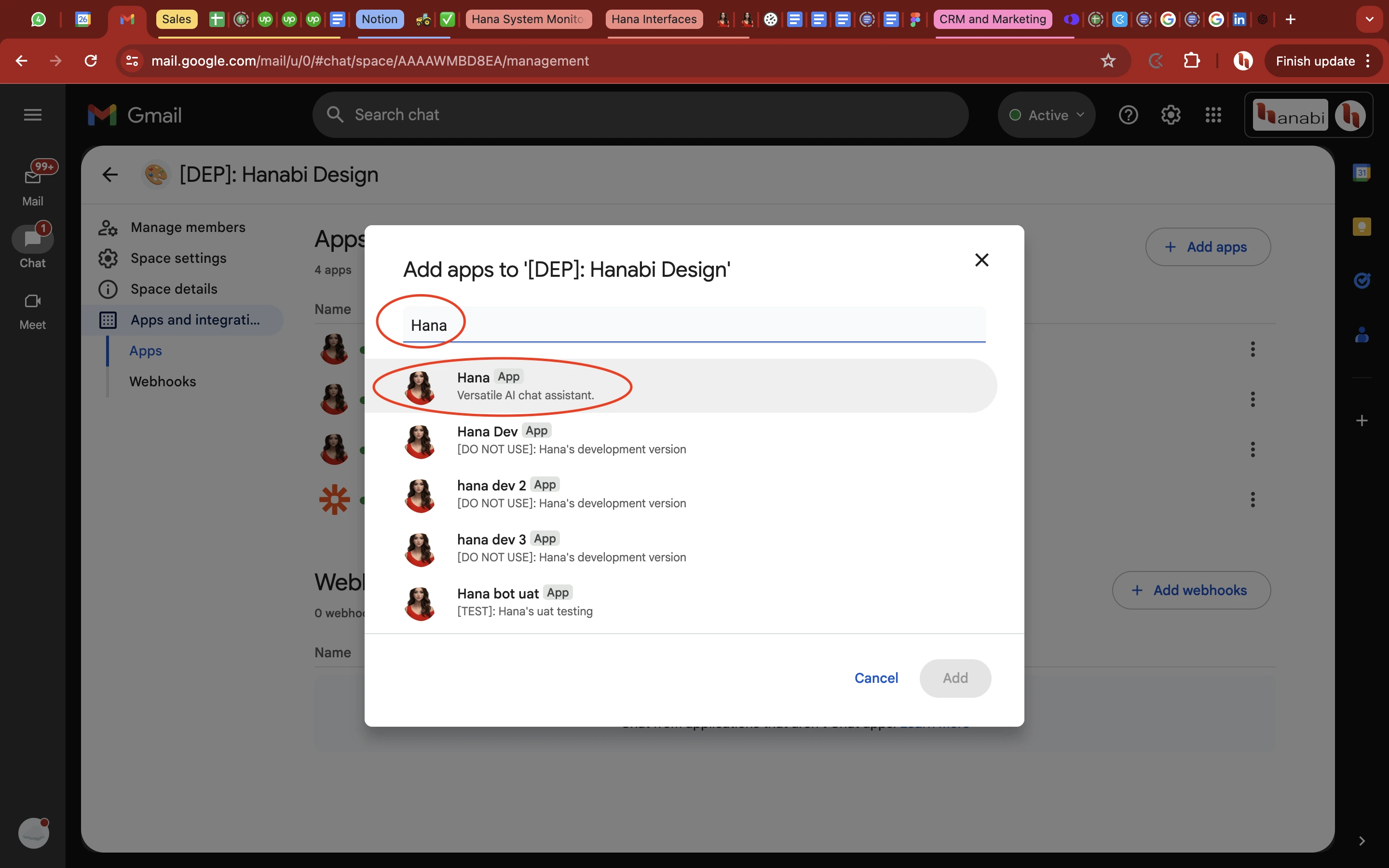 Google chat space select hana from list option